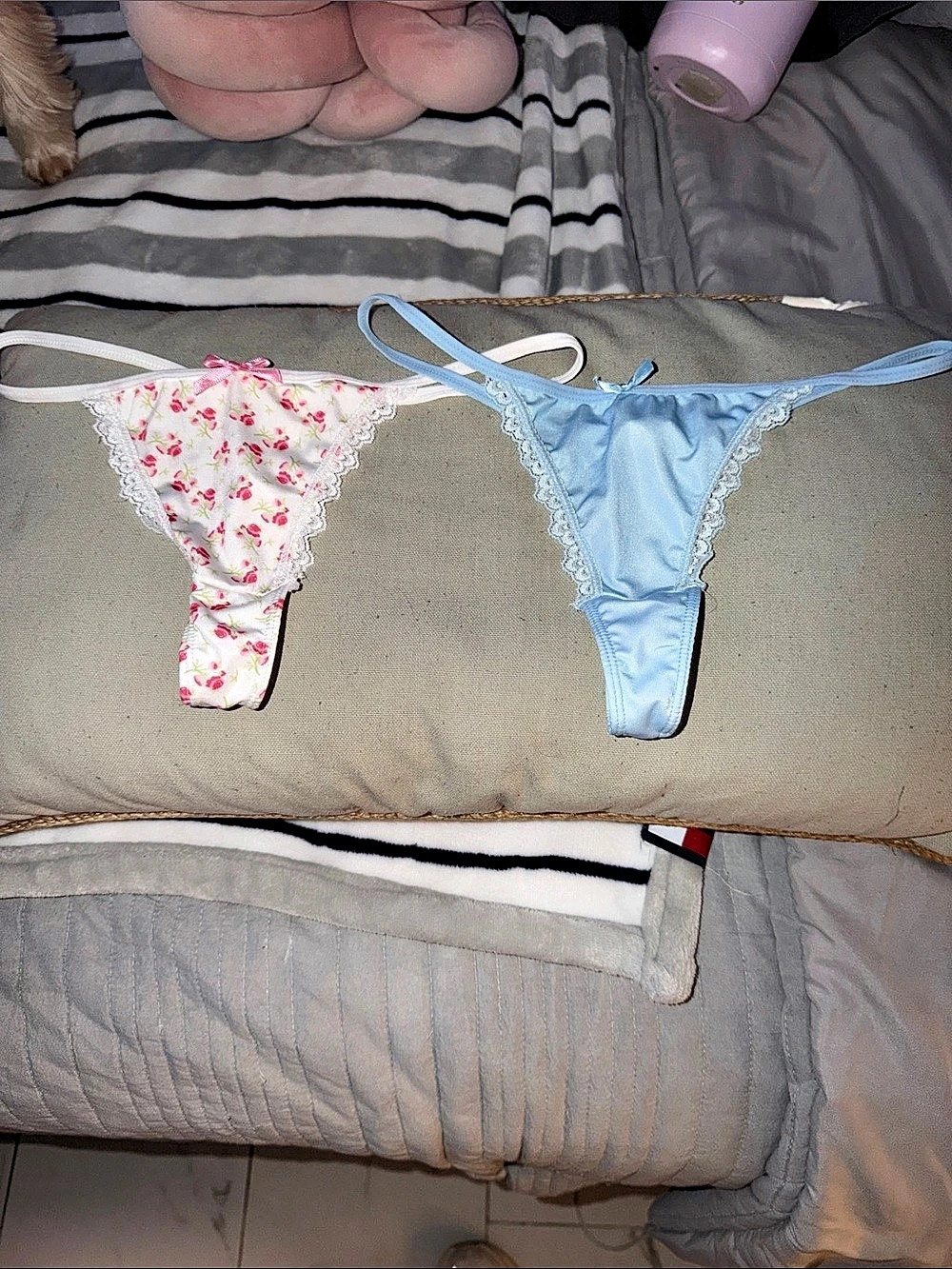 Lace-Trim Thong Panty Blue & Pink